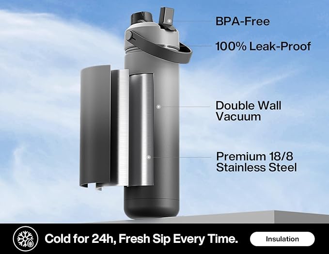 POWCAN 26 oz Insulated Water Bottle with 2-in-1 Straw and Spout Lid, Keep Cold 24H, Leak-Proof, Fits in Car Cup Holder, Stainless Steel Water Bottle for Sports, Travel, Gym, and School (Obsidian) - Image 2