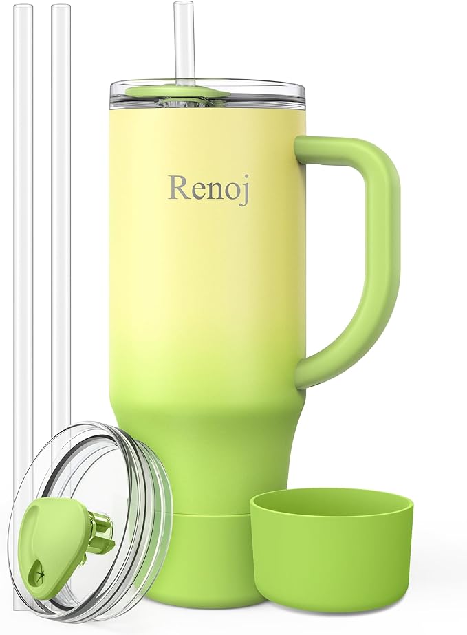 Renoj Insulated Mug 100% Spill Resistant Insulated Water Bottle for Iced Coffee & Hot Drinks - Fits Car Cup Holder, Ideal Gift, 2 Straws & Silicone Boot - FlexSlide Green Gradient 40 oz by VisittheRenoj