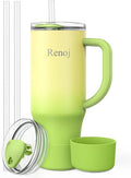 Renoj Insulated Mug 100% Spill Resistant Insulated Water Bottle for Iced Coffee & Hot Drinks - Fits Car Cup Holder, Ideal Gift, 2 Straws & Silicone Boot - FlexSlide Green Gradient 40 oz by VisittheRenoj