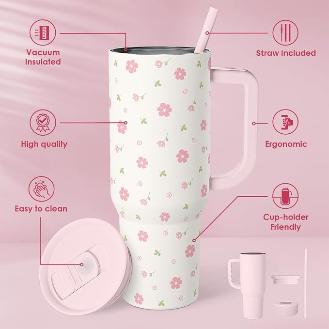 Floral 40oz Tumbler with Handle and Straw – Flowers Insulated Stainless Steel Travel Coffee Mug for Women Girls - Gift Idea for Birthday Christmas Mothers Day - Image 2