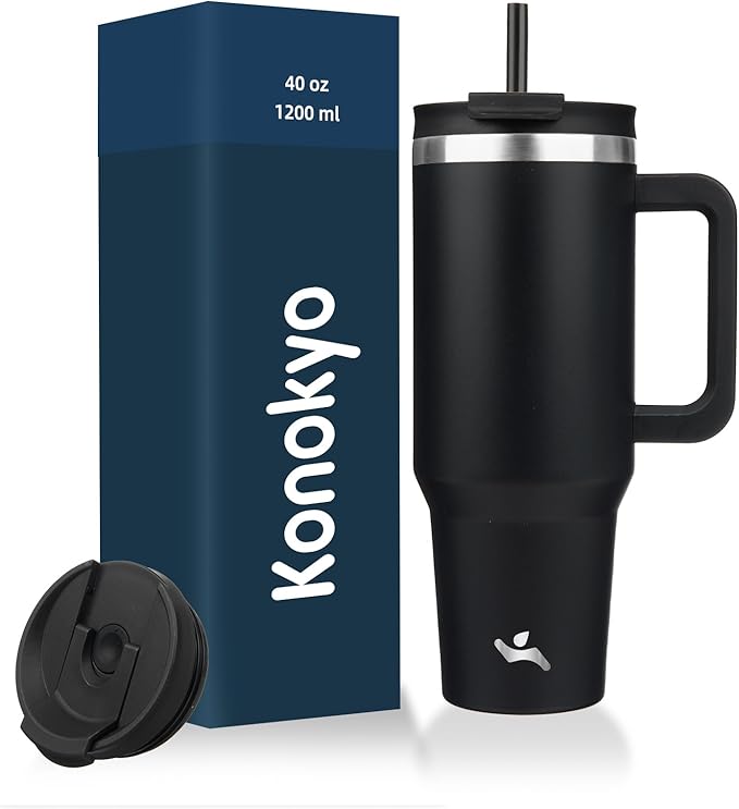 Konokyo 40 oz Tumbler with Handle and 2 Straws,2 in 1 Lid Insulated Water Bottle Stainless Steel Travel Coffee Mug,Black by Konokyo