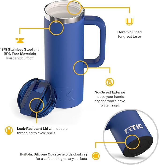 RTIC 20oz Road Trip Travel Mug with Lid and Handle, Ceramic Lined, Insulated, Stainless Steel, Metal, Double Wall Vacuum-Insulation, Portable Coffee, Tea Cup for Hot and Cold Drink, Cobalt - Image 3