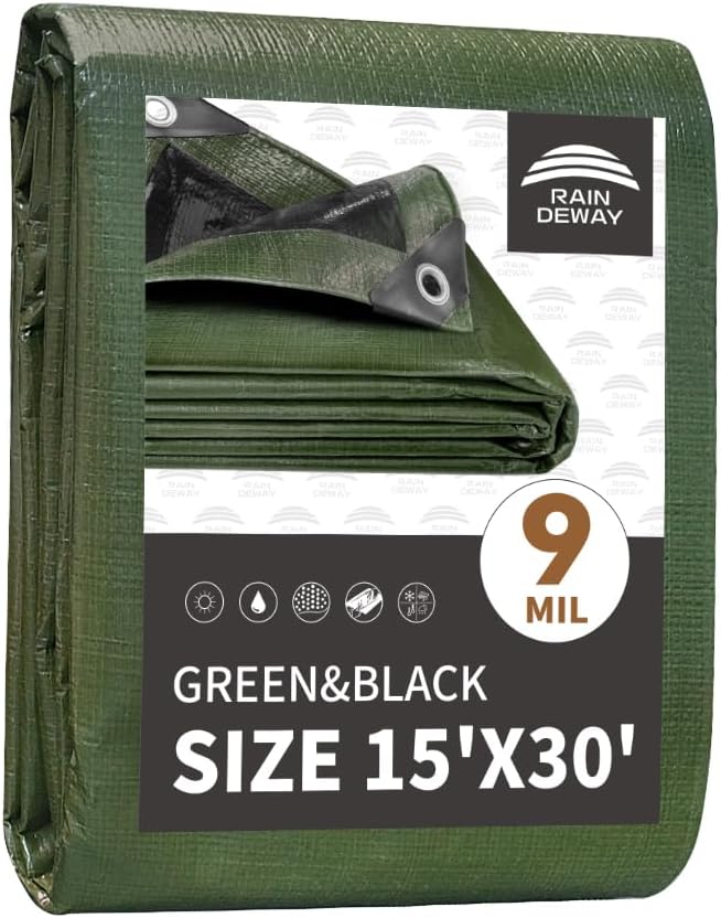 15x30 Feet Tarp Waterproof, 9Mil Thick, Finished Size Tarps, UV Resistant by RAINDEWAY