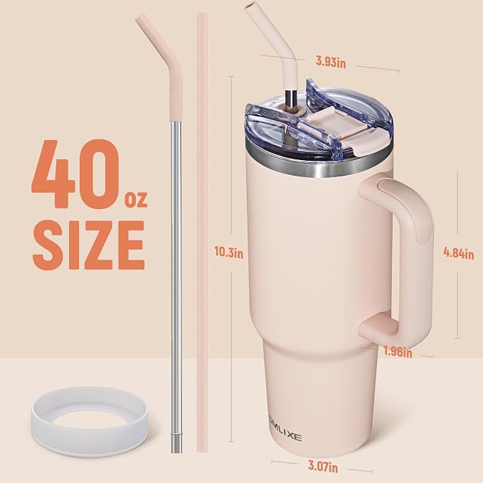 40 oz Tumbler with Handle and Straw Lid,Insulated Reusable Stainless Steel Water Bottle Travel Mug，Cupholder Friendly Double Wall Vacuum Sealed Cup (Rose Quartz) - Image 3