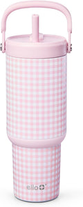 Ello Oasis Go+ 26oz Tumbler with Top Handle and Retracting Straw | Reusable Insulated Stainless Steel Cup, 100% Leakproof Water Bottle, 24 Hours Cold, Cup Holder Friendly For Travel | Pink Gingham by Ello