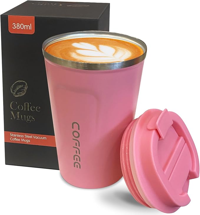 YINBAOGE Insulated Travel Coffee Mug, Spill & Leak Proof, Portable To Go Camping Stainless Steel Coffee Tumbler, Reusable Thermal Coffee Cup with Lid for Hot & Cold Drinks (2nd-Pink, 12 OZ) by YINBAOGE