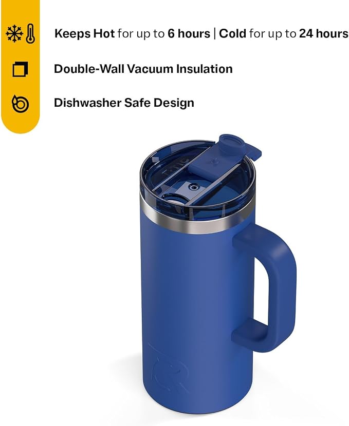 RTIC 16oz Road Trip Travel Mug with Lid and Handle, Ceramic Lined, Insulated, Stainless Steel, Metal, Double Wall Vacuum-Insulation, Portable Coffee, Tea Cup for Hot and Cold Drink, Cobalt - Image 2