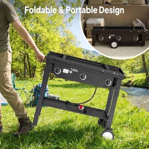 ROVSUN 3 Burner Outdoor Propane Gas Stove with Foldable Side Table & Ignition, 225,000 BTU Stand Cooker for Backyard Cooking Camping Home Brewing Canning Turkey Frying - Image 3