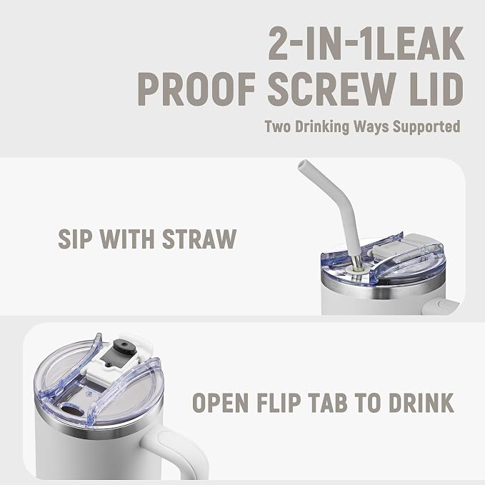 COKTIK 40 oz Tumbler With Handle and Straw, Insulated Tumbler With Leakproof Lids, Stainless Steel|BPA-Free, Cold for 24 H (Grey) - Image 4