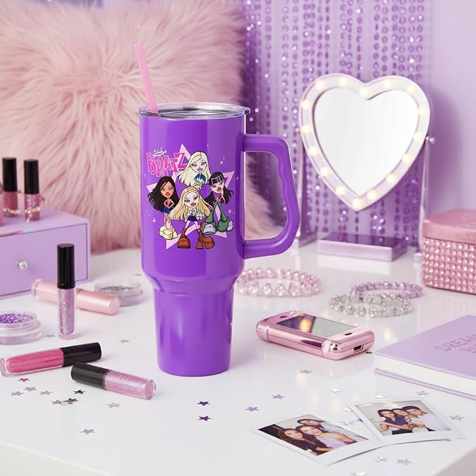 Silver Buffalo Bratz Featuring Cloe, Yasmin, Jade, and Sasha Double Walled Stainless Steel Tumbler with Handle and Straw, Fits in Standard Cup Holder, 40 Ounces - Image 9