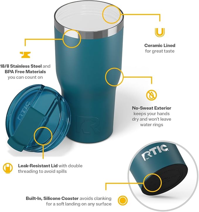 RTIC 30oz Essential Tumbler with Lid, Ceramic Lined, Insulated, Stainless Steel, Metal, Double Wall Vacuum-Insulation, Travel Cup for Iced Coffee, Tea, Hot and Cold Drink, Marine - Image 4
