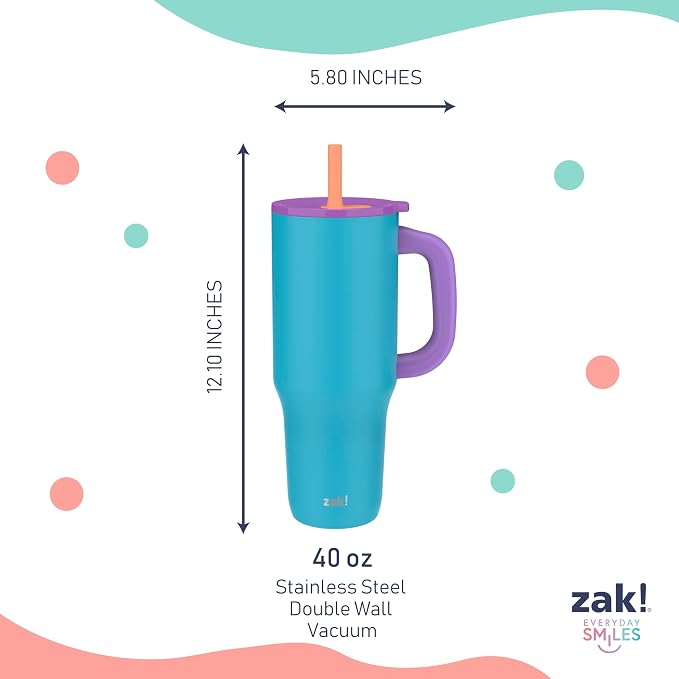 Zak Designs Sutton Travel Tumbler for On the Go, 40oz Stainless Steel with Vacuum Insulation, Silicone Straw, and Carry Handle for Cold Drinks (Turquoise) - Image 7