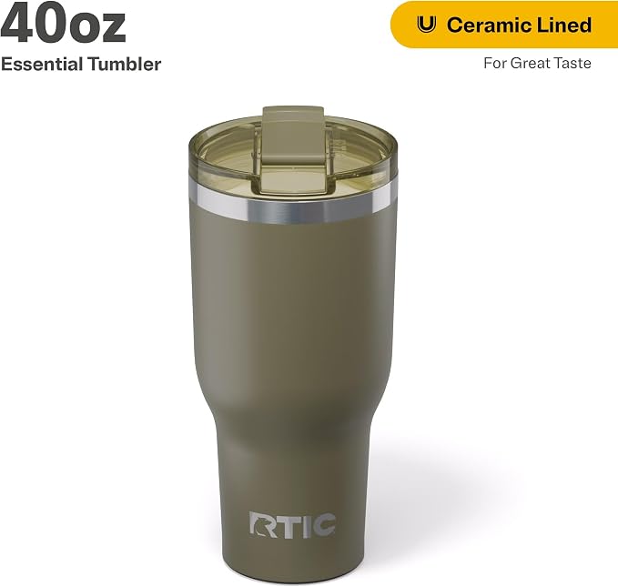 RTIC 40oz Essential Tumbler with Lid, Ceramic Lined, Insulated, Stainless Steel, Metal, Double Wall Vacuum-Insulation, Travel Cup for Iced Coffee, Tea, Hot and Cold Drink, Olive - Image 2