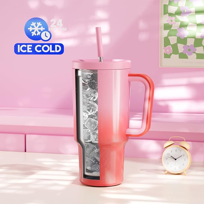 Meoky 30 oz Tumbler with Handle, Tumbler with Lid and Straw, Insulated Stainless Steel Travel Mug, 100% Leak-proof, Cupholder Friendly, Keeps Cold for 24 Hours or Hot for 8 Hours (Flamingo) - Image 2