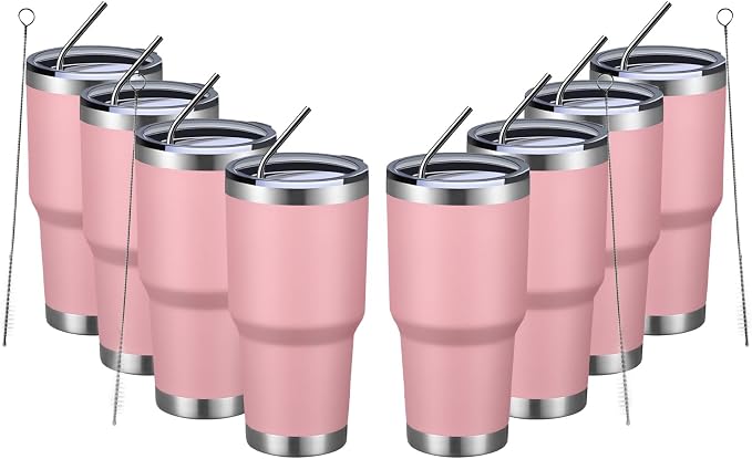 MEWAY 30oz Insulated Tumbler With Lids and Straws,Stainless Steel Double Vacuum Coffee Tumbler Cup, Brush, Durable Powder Coated Coffee Cup for Cold & Hot Drinks, Office, Travel(Pink,8 PACK) by MEWAY