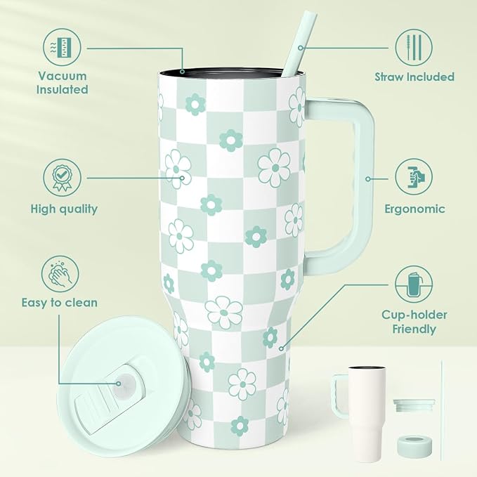 SANDJEST 40oz Daisy Flower Tumbler with Handle and Straw - Insulated Stainless Steel Coffee Travel Mug for Women Girls, Floral Gift Idea for Birthday Christmas - Image 2