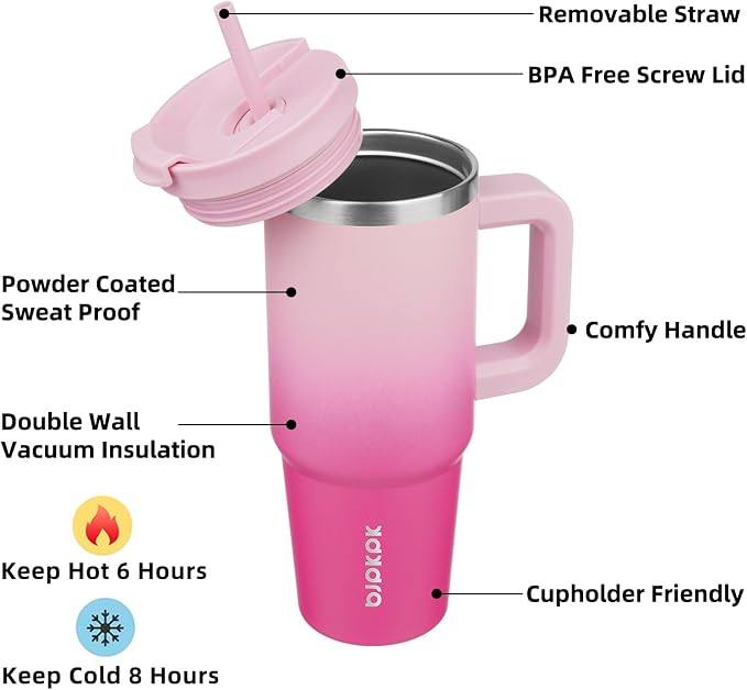BJPKPK 30oz Stainless Steel Insulated Tumbler With Handle And Lid Straw Travel Coffee Mug Thermal Cup,Cherry Blossom - Image 2
