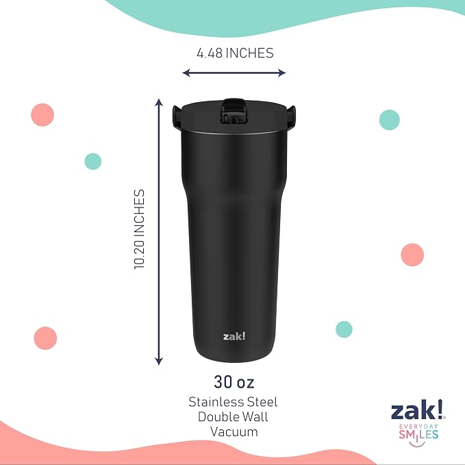 Zak Designs Sutton Travel Tumbler for On the Go, 30oz Stainless Steel with Vacuum Insulation, Straw Spout, Carry Handle for Cold Drinks (Ebony Black) - Image 6