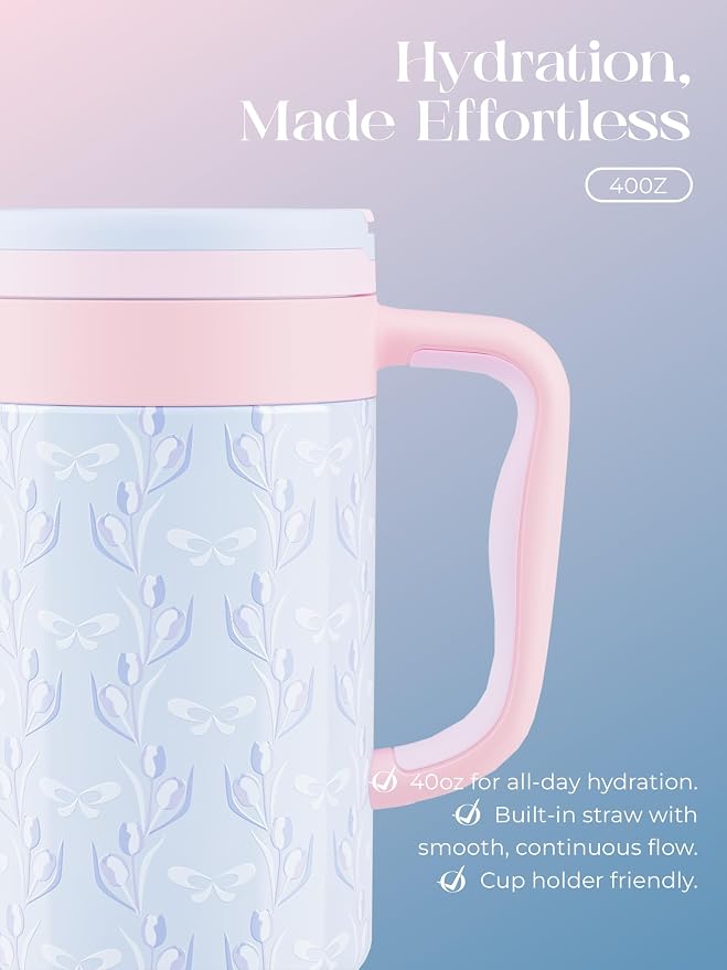 40 oz Insulated Tumbler with Handle and Push-Button Straw Lid, Stainless Steel Travel Cup for Gym Office, Leakproof, BPA-Free, Cup Holder Friendly, Bow Silicone Boot, Blue (Tulip Blue) - Image 5