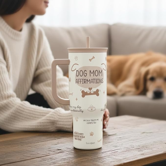 SANDJEST Dog Mom 40oz Tumbler With Handle and Straw, Dog Mom Affirmation Insulated Stainless Steel Travel Coffee Mug for Women Girls Pet Lovers, Gift Idea for Birthday Christmas Mothers Day - Image 7