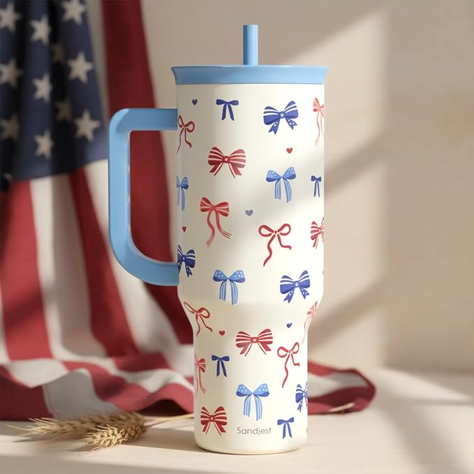 SANDJEST American Flag 40oz Tumbler with Handle and Straw, Insulated Stainless Steel Travel Coffee Mug for Women Girls, Gift Idea for Birthday Christmas 4th of July (Bow) - Image 7