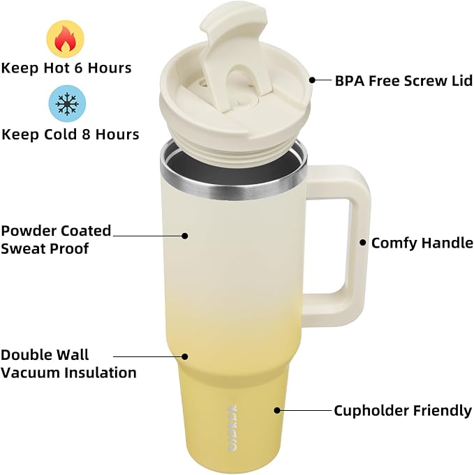 BJPKPK 40 oz Tumbler With Handle Insulated Tumblers With Lid And Straw Stainless Steel Thermal Cup,Lemon - Image 2