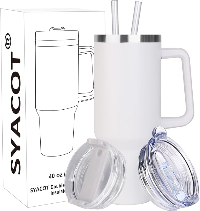 SYACOT 40 oz Tumbler with Handle and Straw Stainless Steel Insulated Tumbler Leak Proof Lid and Straw Lid Reusable Travel Mug Coffee Mug Cup Dishwasher Safe Keep Drinks Cold and Hot (Winter White) by SYACOT