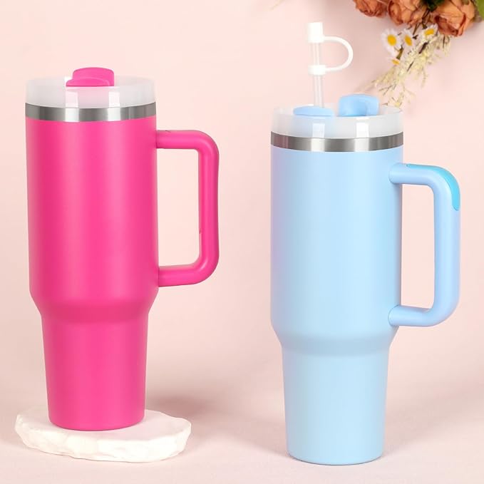 4 Pack 40 Oz Tumblers with Handle Bulk, Double Wall Vacuum Insulated Stainless Steel Tumblers with Lid and Straw, 40 oz Cups with Silicone Spill Proof Stopper Set (Black,Sky Blue,Purple,Hot Pink) - Image 3