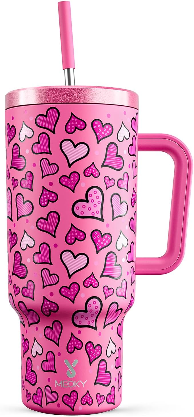 Meoky 40 oz Tumbler with Handle and Straw: Stainless Steel Insulated Tumbler with Lid and Straw - 100% Leak Proof Tumbler for Car Cup Holders - Travelers Commuters Workers, Blush Heart by MEOKY