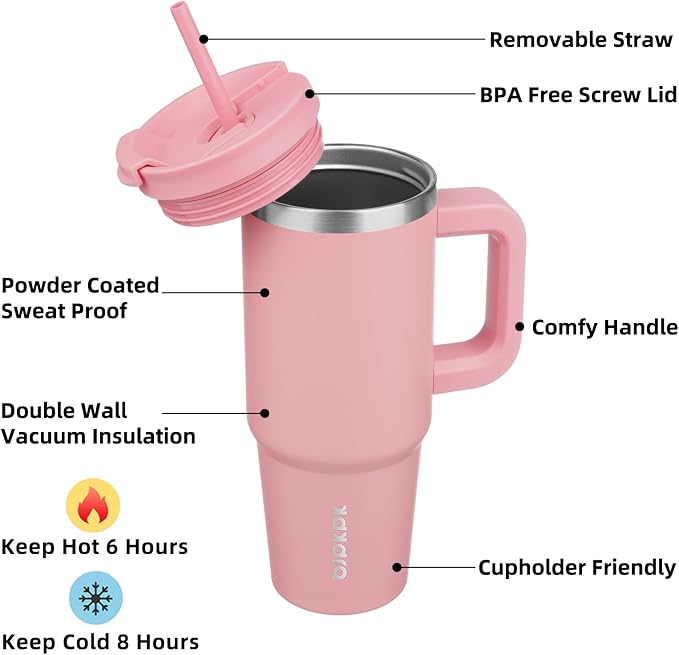 BJPKPK 30oz Stainless Steel Insulated Tumbler With Handle And Lid Straw Travel Coffee Mug Thermal Cup,Light Pink - Image 2