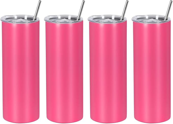 4 Pack 20 Oz Straight Skinny Tumblers,Individually Gift Boxed Stainless Steel Slim Skinny Tumbler Set Bulk, 20 Oz Insulated Slim Thin Travel Tumbler Cup for Diy,Hot Pink by Wzaytia