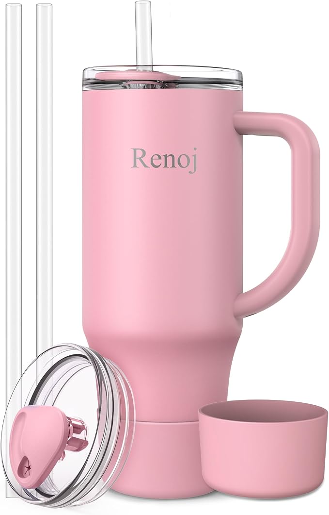 Renoj Insulated Mug 100% Spill Resistant Insulated Water Bottle for Iced Coffee & Hot Drinks - Fits Car Cup Holder, Ideal Gift, 2 Straws & Silicone Boot - FlexSlide Pink 40 oz by VisittheRenoj