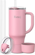 Renoj Insulated Mug 100% Spill Resistant Insulated Water Bottle for Iced Coffee & Hot Drinks - Fits Car Cup Holder, Ideal Gift, 2 Straws & Silicone Boot - FlexSlide Pink 40 oz by VisittheRenoj