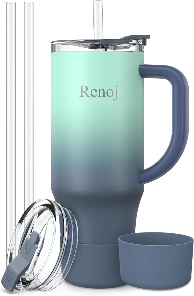 Renoj Insulated Mug 100% Leak Proof Insulated Water Bottle for Iced Coffee & Hot Drinks - Fits Car Cup Holder, Ideal Gift, 2 Straws & Silicone Boot - SnapShift Blue 40 oz by VisittheRenoj