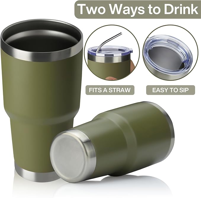 MEWAY 30oz Insulated Tumbler With Lids and Straws,Stainless Steel Double Vacuum Coffee Tumbler Cup, Brush, Durable Powder Coated Coffee Cup for Cold & Hot Drinks, Office, Travel(Army Green,8 PACK) - Image 3