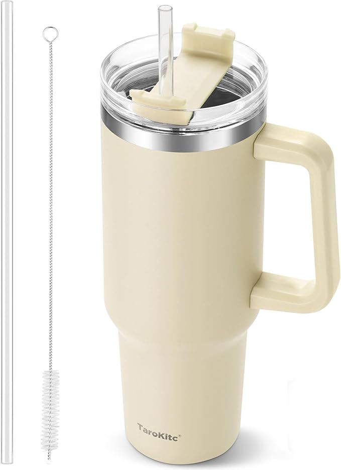 TaroKitc 40 oz Tumbler with Handle | Stainless Steel Insulated Iced Coffee Cup with Lids and Straw | Insulated Travel Mug | Keeps Drinks Cold for 34 Hours | Dishwasher Safe, BPA Free | Cream by TaroKitc