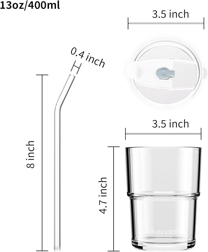 BLUEPOLAR 13oz/400ml Glass Water Tumbler with Straw and Lid Sealed Carry On Thick Wall Iced Coffee Cup Glass Cup for Water, Iced Tea Fruit Juice Etc(Aurora White - Image 6
