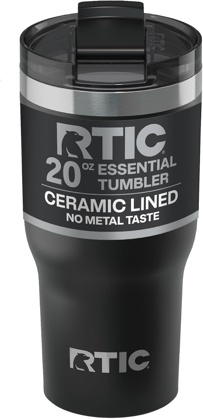 RTIC 20oz Essential Tumbler with Lid, Ceramic Lined, Insulated, Stainless Steel, Metal, Double Wall Vacuum-Insulation, Travel Cup for Iced Coffee, Tea, Hot and Cold Drink, Black by RTIC