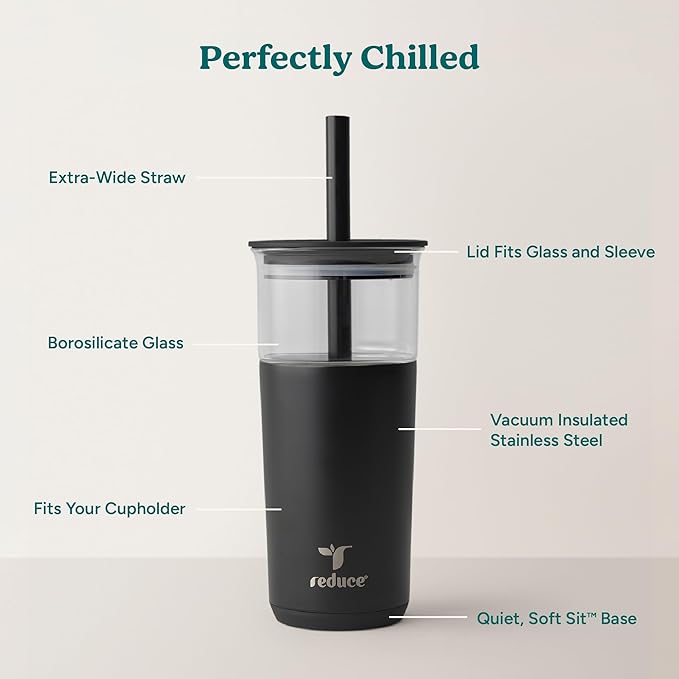 REDUCE Aspen 20 oz Vacuum Insulated Glass Tumbler with Lid & Extra Wide Straw - Keeps Drinks Cold for 12 Hrs - Ideal for Iced Coffee, Smoothies & Boba - Dishwasher Safe, Soft Base - Phantom - Image 3