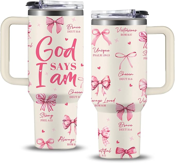 Christian Gifts for Women, 40 oz God Says I am Pink Tumbler with Handle, Inspirational Religious Birthday Gifts, Spiritual Catholic Faith Jesus Bible God Prayer Gift for Pink Bow Christian Cup by NIAXAUYT