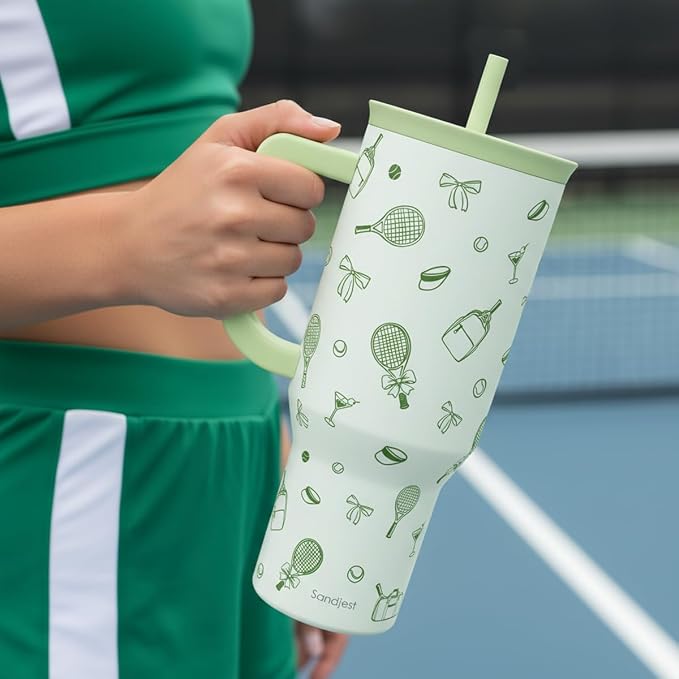 SANDJEST Tennis 40oz Tumbler With Handle and Straw, Insulated Stainless Steel Travel Coffee Mug for Women Girls Tennis Players, Gift Idea for Birthday Christmas Mothers Day - Image 6