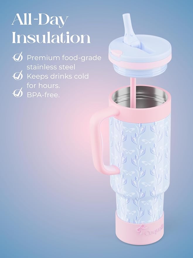 40 oz Insulated Tumbler with Handle and Push-Button Straw Lid, Stainless Steel Travel Cup for Gym Office, Leakproof, BPA-Free, Cup Holder Friendly, Bow Silicone Boot, Blue (Tulip Blue) - Image 4