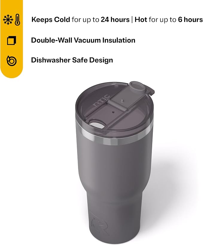 RTIC 40oz Essential Tumbler with Lid, Ceramic Lined, Insulated, Stainless Steel, Metal, Double Wall Vacuum-Insulation, Travel Cup for Iced Coffee, Tea, Hot and Cold Drink, Graphite - Image 3
