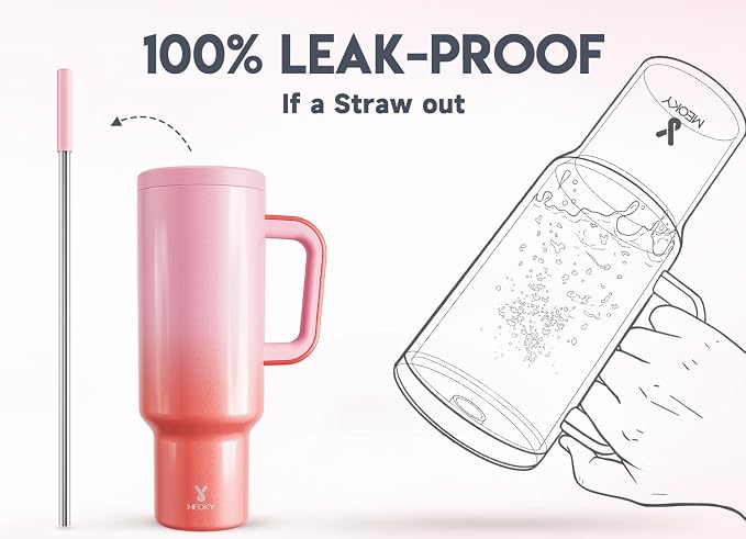 Meoky 50 oz Tumbler with Handle, Tumbler with Lid and Straw, Insulated Stainless Steel Travel Mug, 100% Leak-proof, Keeps Cold for 36 Hours or Hot for 12 Hours (Flamingo) - Image 3