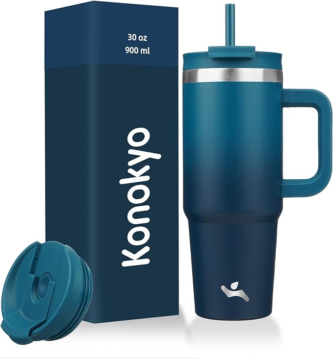 Konokyo 30 oz Tumbler with Handle and 2 Straws,2 in 1 Lid Insulated Water Bottle Stainless Steel Travel Coffee Mug,Indigo Black by Konokyo