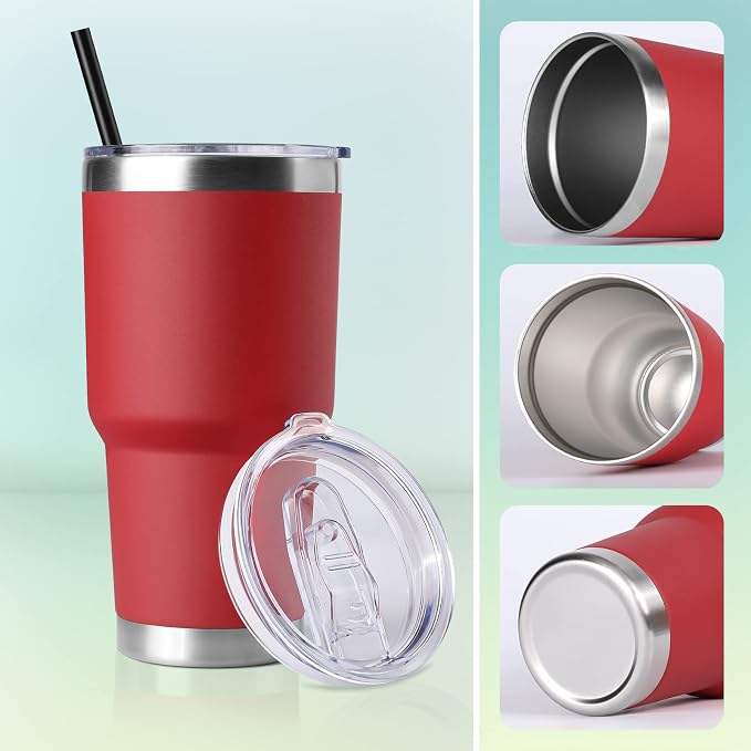 DOMICARE 30 oz Tumbler with Lid and Straw, Stainless Steel Tumblers Bulk, Insulated Vacuum Double Wall Travel Coffee Mug, Durable Powder Coated Tumbler Cup (Red, 1) - Image 5