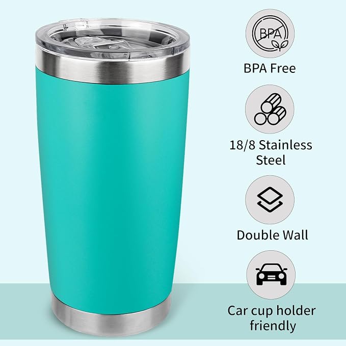 20oz Stainless Steel Tumbler Bulk with Lid, Travel Mug - Double Wall Vacuum Powder Coated Cup - Light Green, 6 Pack - Image 3