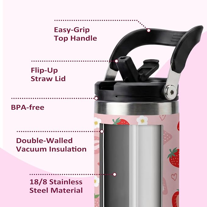 Red Strawberry Tumbler 30oz with Handle - Cute Strawberry Design Water Bottle, Insulated Stainless Steel Cup for Women & Girls, Leakproof Travel Mug, Sweet Birthday Gift for Her - Image 3