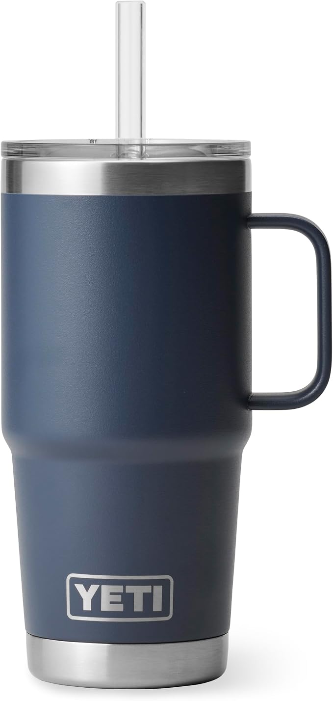 YETI Rambler 25 oz Tumbler with Handle and Straw Lid, Travel Mug Water Tumbler, Vacuum Insulated Cup with Handle, Stainless Steel, Navy by YETI