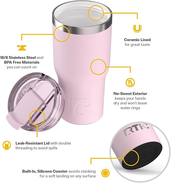 RTIC 20oz Essential Tumbler with Lid, Ceramic Lined, Insulated, Stainless Steel, Metal, Double Wall Vacuum-Insulation, Travel Cup for Iced Coffee, Tea, Hot and Cold Drink, Pale Pink - Image 3
